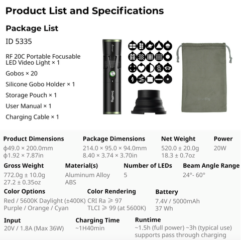 Smallrig RF 20C 20W Pro Portrait Background Zoom Light, 5400Lux at 1m, 5 Colors, CRI 97+